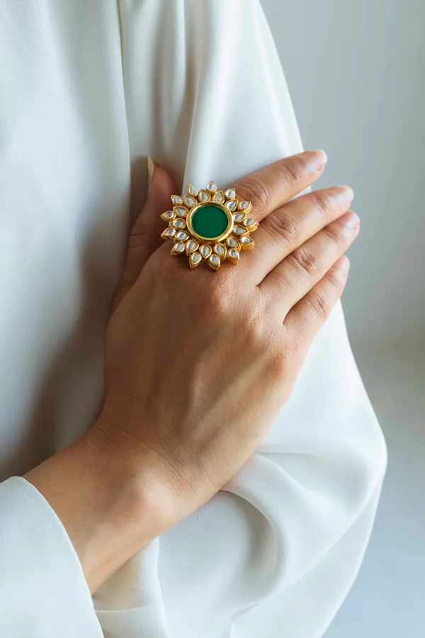 Green Floral Motif Kundan Cocktail Ring