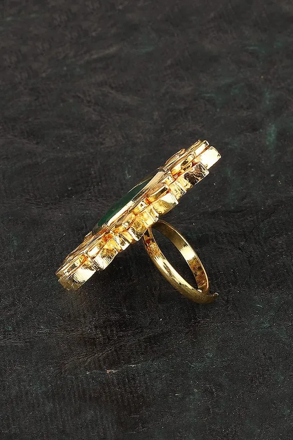 Green Floral Motif Kundan Cocktail Ring