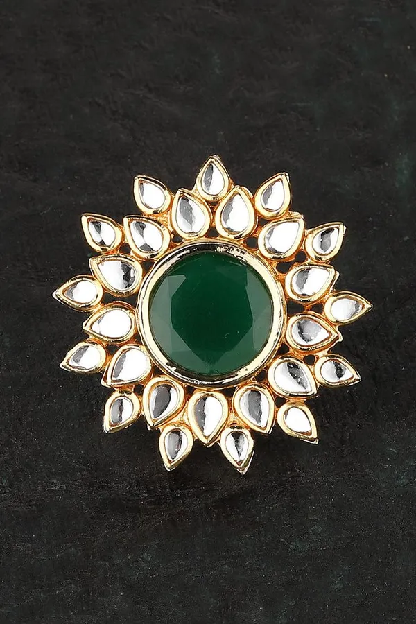 Green Floral Motif Kundan Cocktail Ring