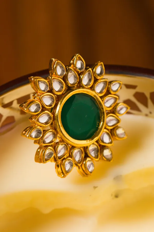 Green Floral Motif Kundan Cocktail Ring