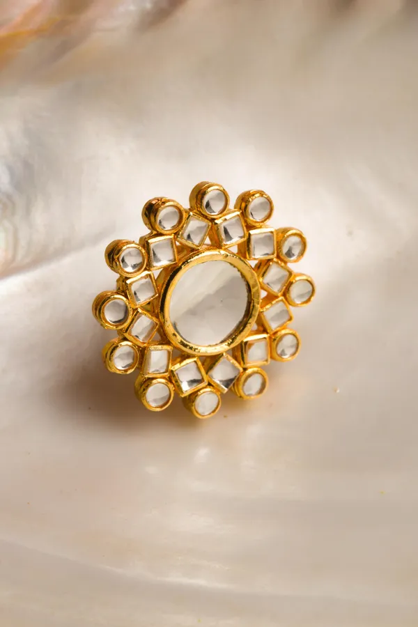 White Floral Motif Kundan Ring