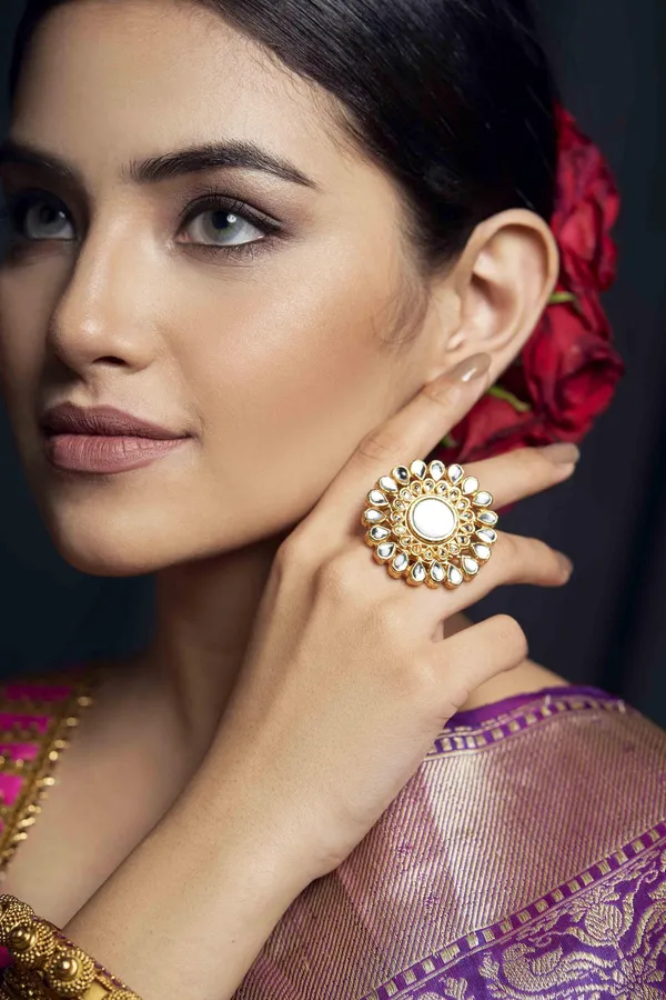 White Kundan Cocktail Ring