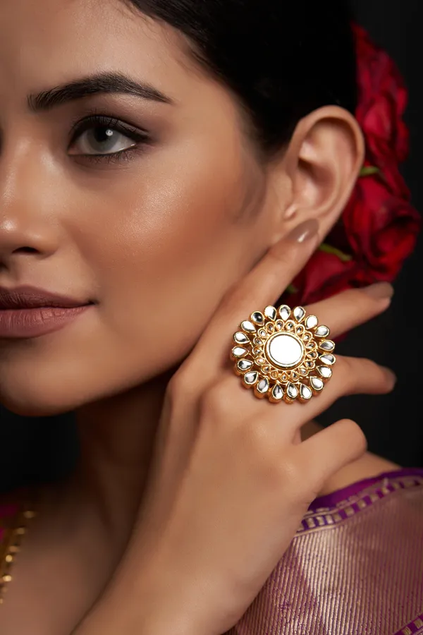 White Kundan Cocktail Ring