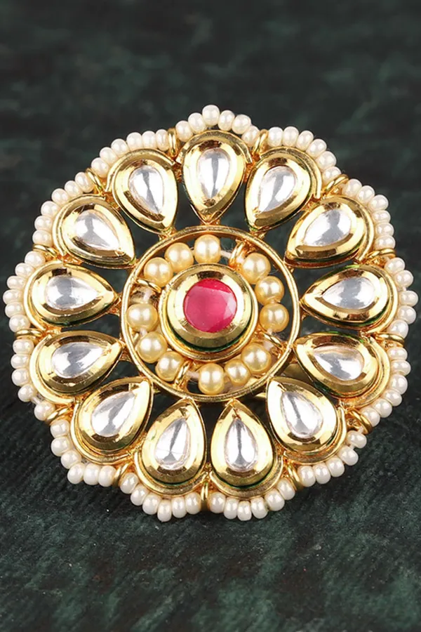 Kundan Red Flower Pearls Ring