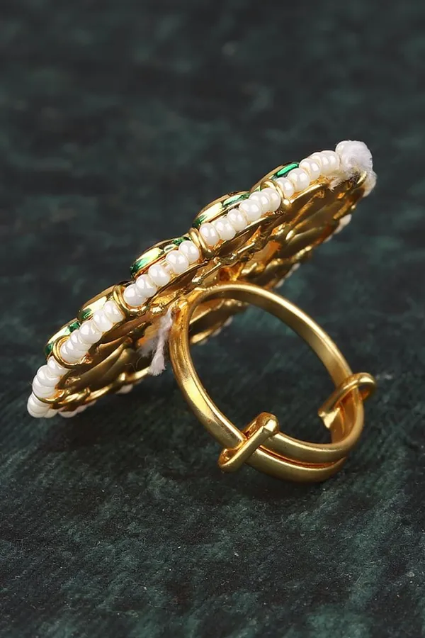 Kundan Red Flower Pearls Ring