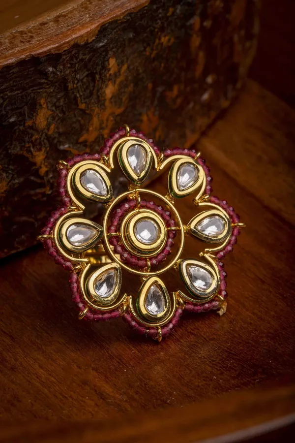 Red Flower Motif Kundan Ring