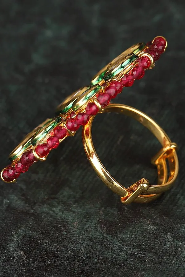 Red Flower Motif Kundan Ring