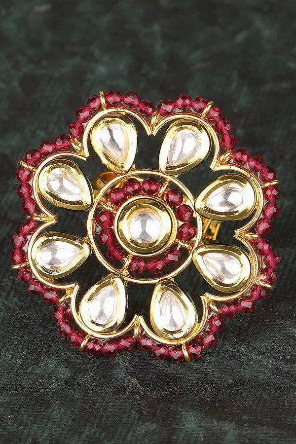Red Flower Motif Kundan Ring