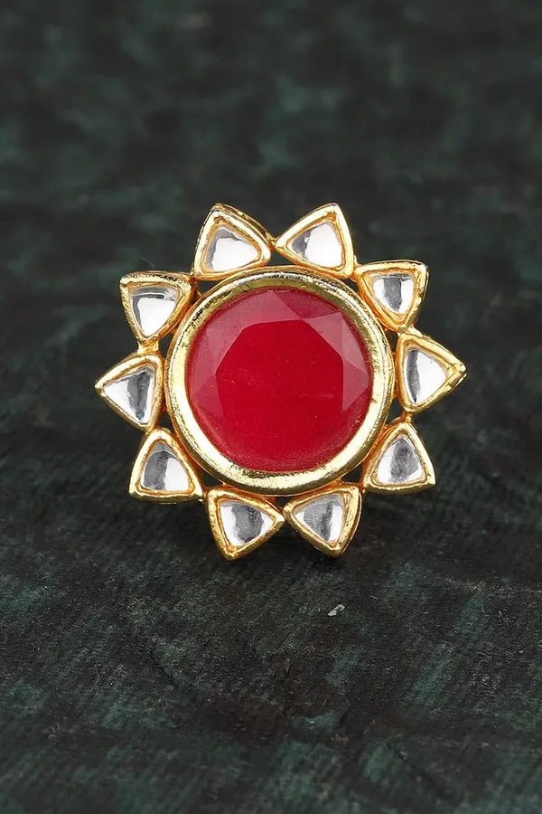 Red Star Motif Kundan Cocktail Ring & Necklace Set