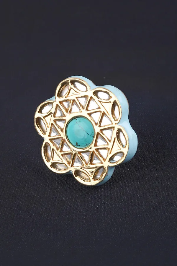 Turquoise Geometric Kundan Cocktail Ring