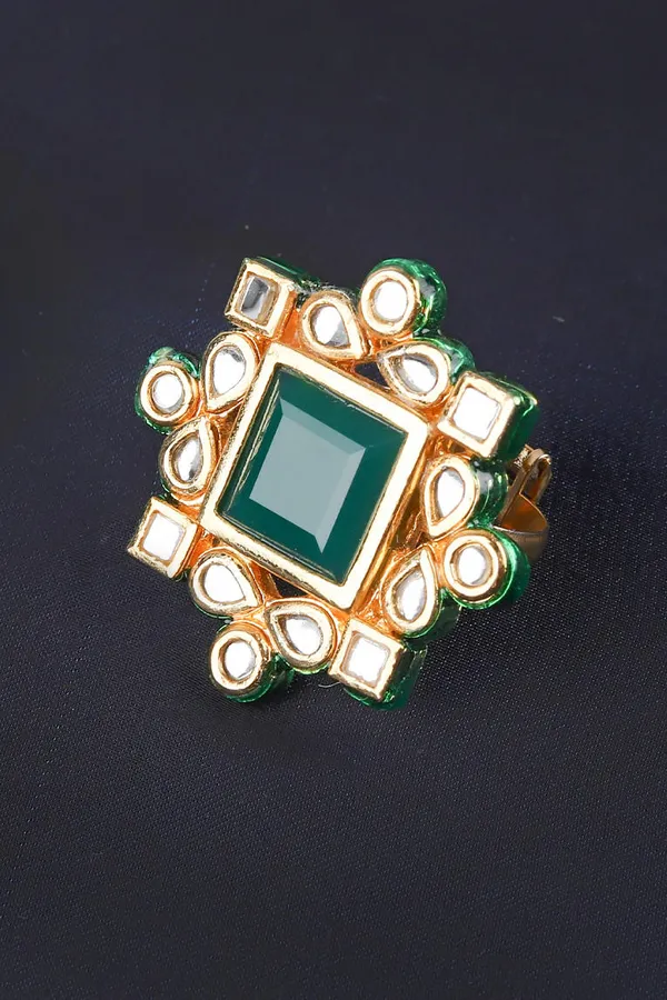 Green Geometric Kundan Cocktail Ring