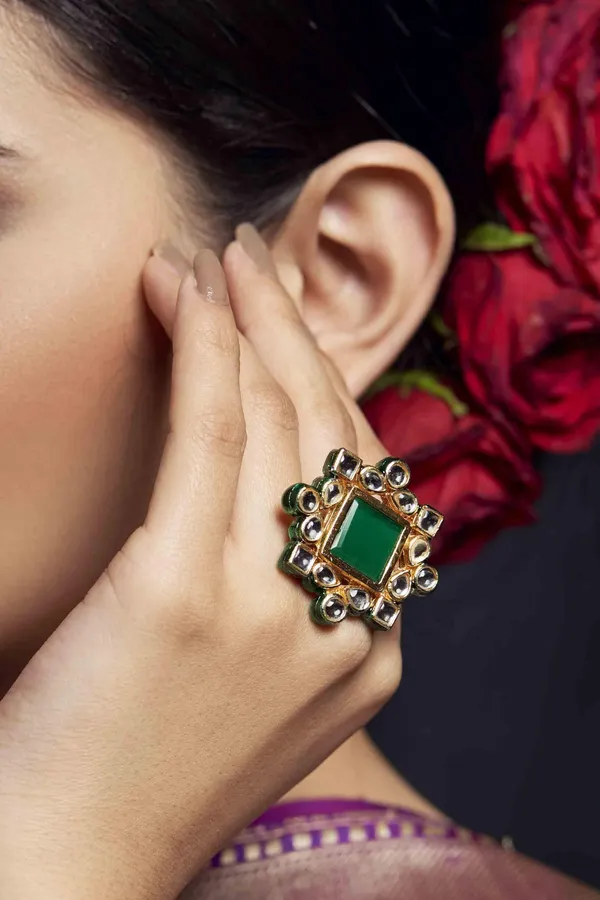 Green Geometric Kundan Cocktail Ring