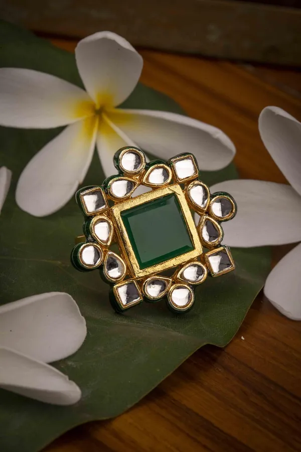Green Geometric Kundan Cocktail Ring