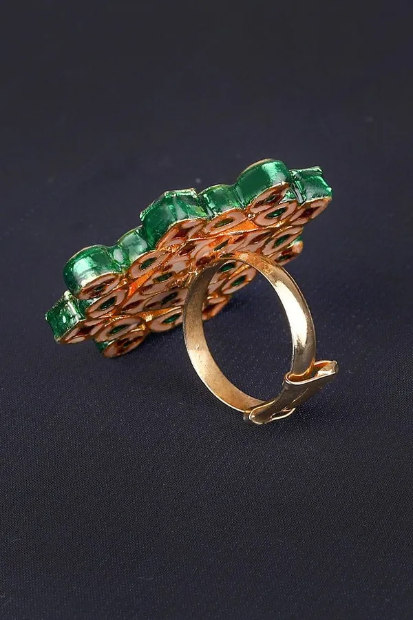 Green Geometric Kundan Cocktail Ring