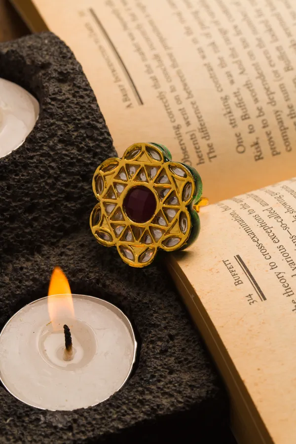 Red Flower Kundan Ring