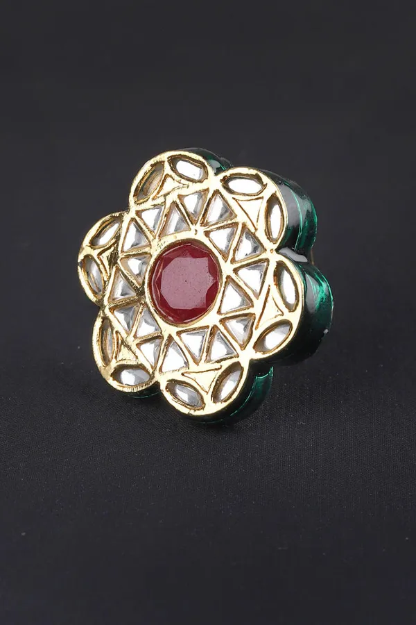 Red Flower Kundan Ring