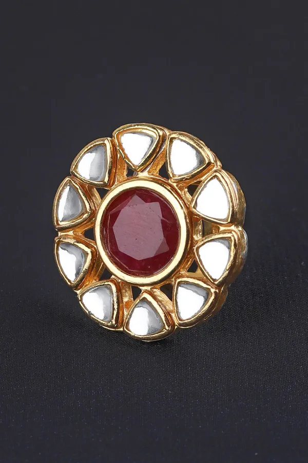 Red Floral Motif Kundan Cocktail Ring