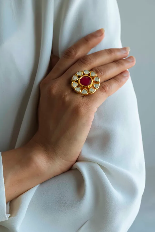 Red Floral Motif Kundan Cocktail Ring