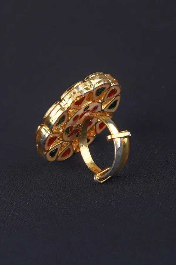 Red Floral Motif Kundan Cocktail Ring