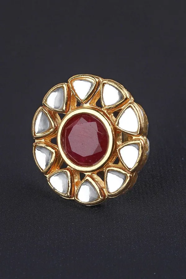 Red Floral Motif Kundan Cocktail Ring