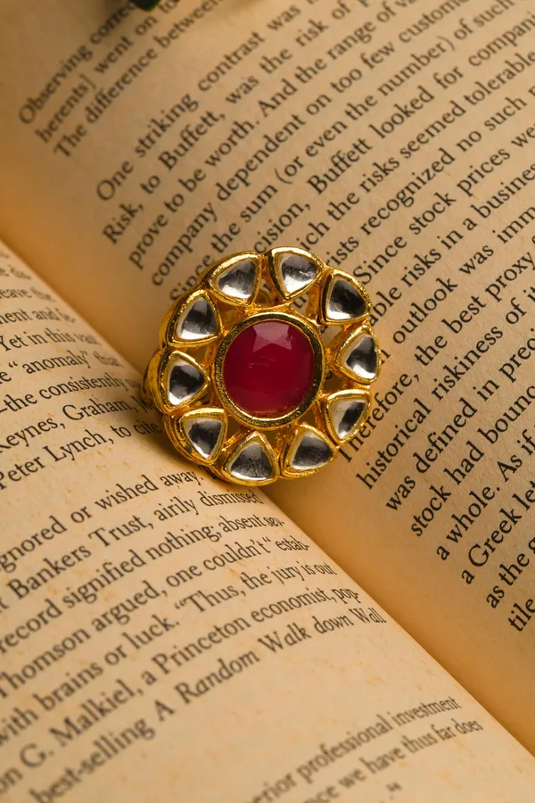 Red Floral Motif Kundan Cocktail Ring