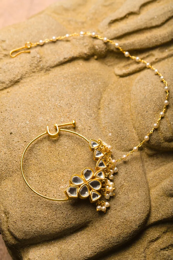 White Moti Petal Kundan Nath