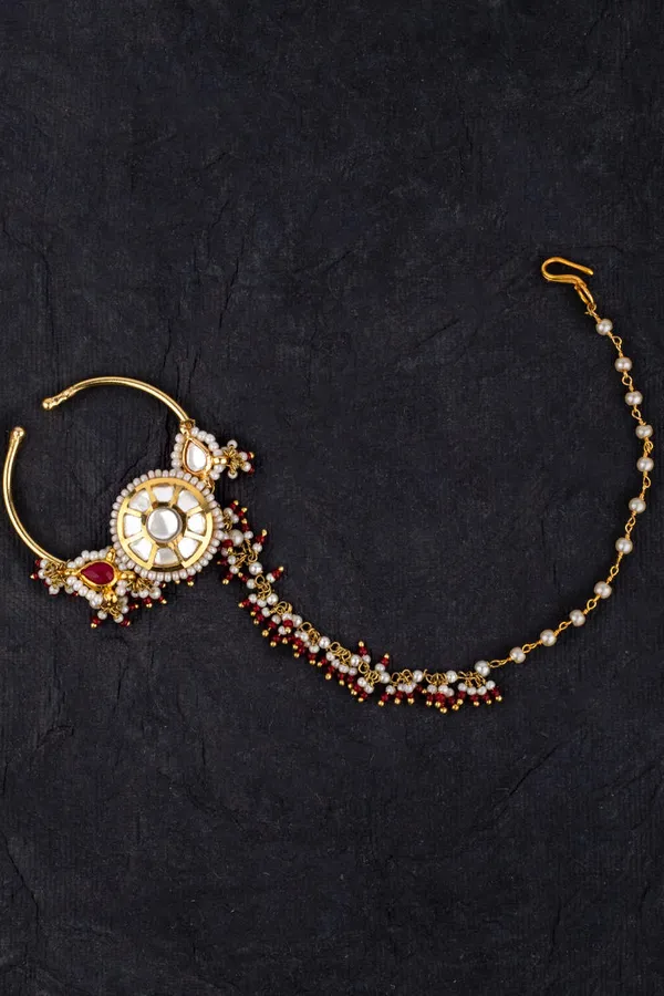 Red & White Biya with Pearls Kundan Nath