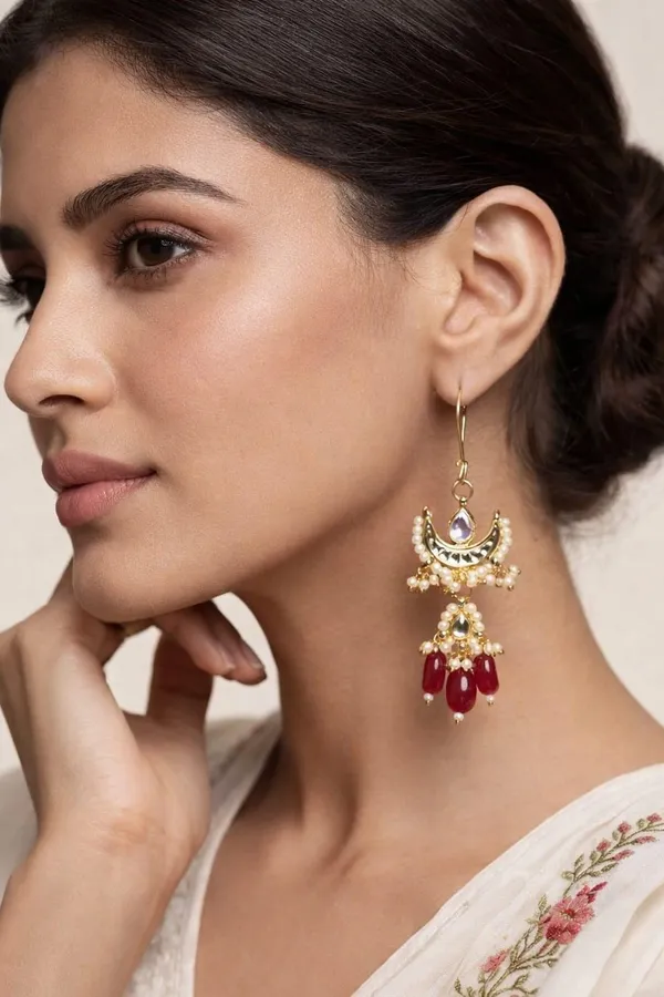 Ruby Pearls Half Moon Kundan Earrings