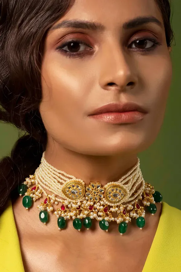 White Pearls with Red & Green Stone Kundan Choker