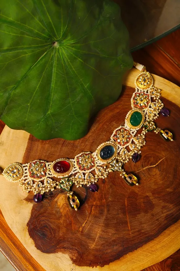 Emeralds Amethyst with Yellow Citrine Drops Kundan Choker