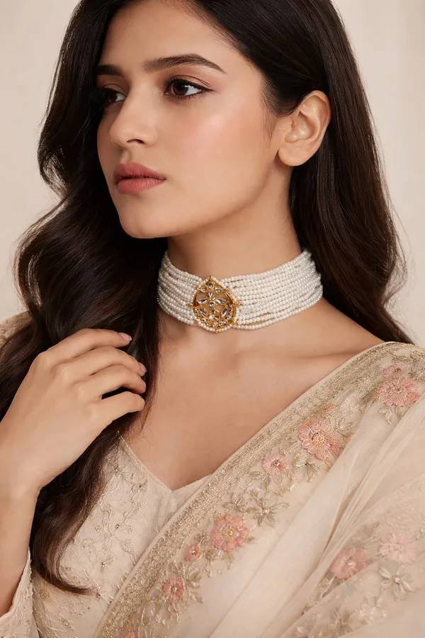 Kundan Center Gold & White Pearls Choker Necklace