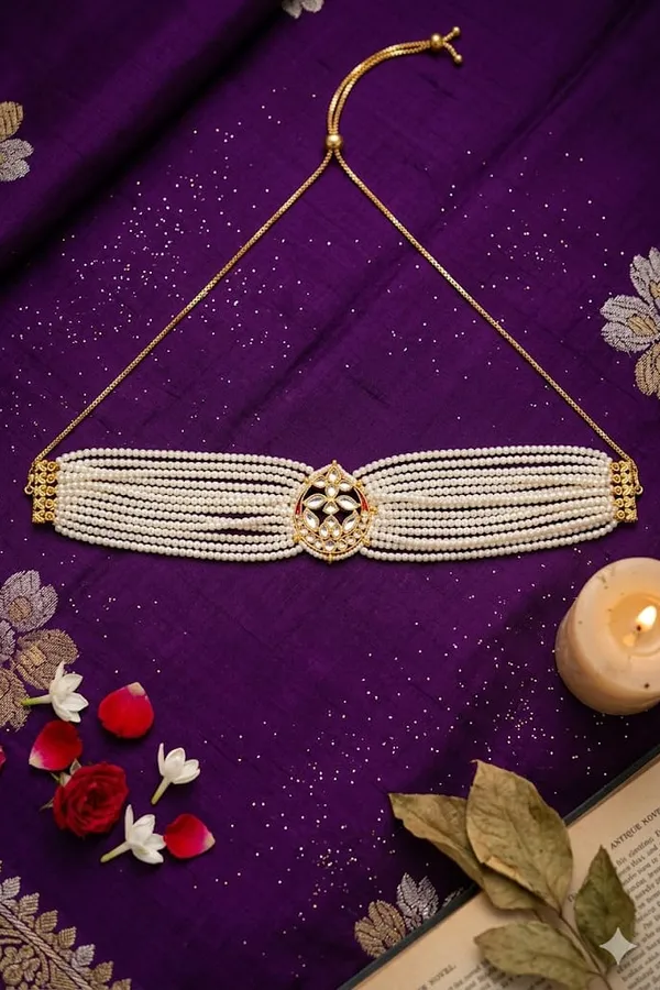 Kundan Center Gold & White Pearls Choker Necklace