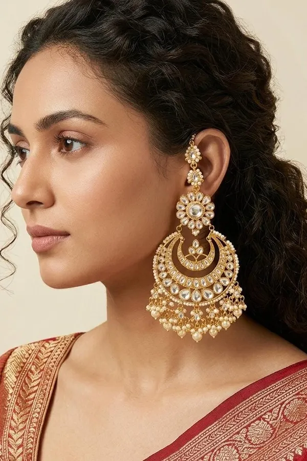 Statement Kundan Gold & White Pearls Chandbali