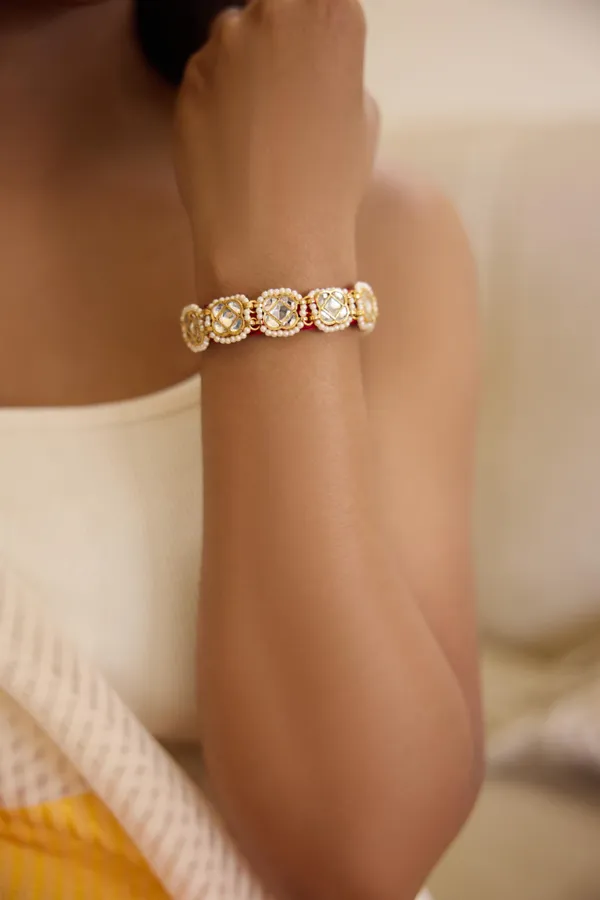 Gold & White Kundan Pearls Bracelet
