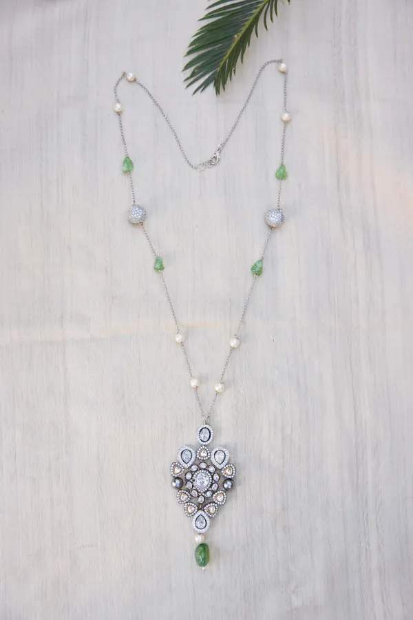 Dual Finish Zircon Detail Pendant Necklace