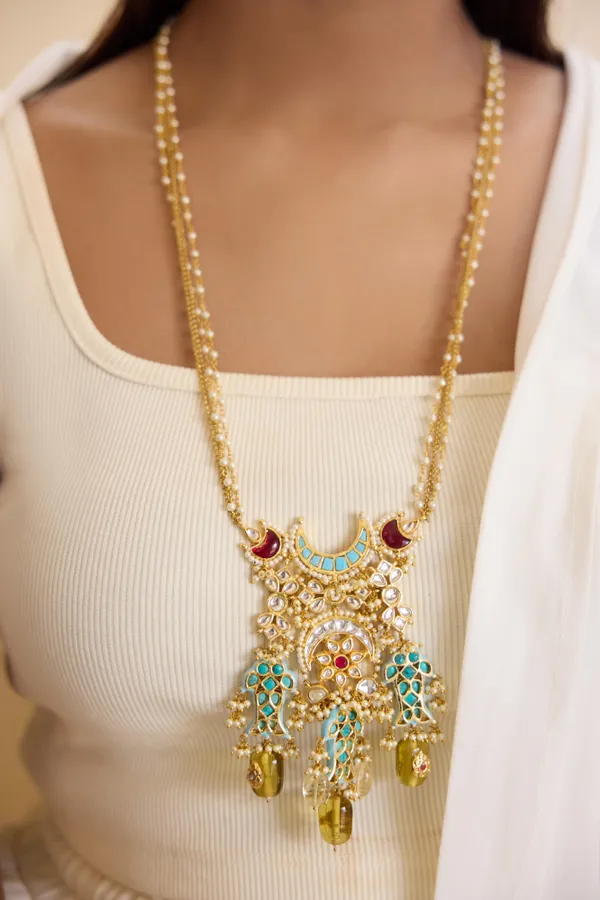 Feroza Chand Fish Motif Red Kundan Citrine Drops Necklace