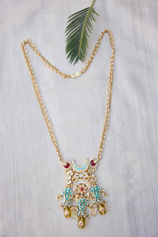 Feroza Chand Fish Motif Red Kundan Citrine Drops Necklace