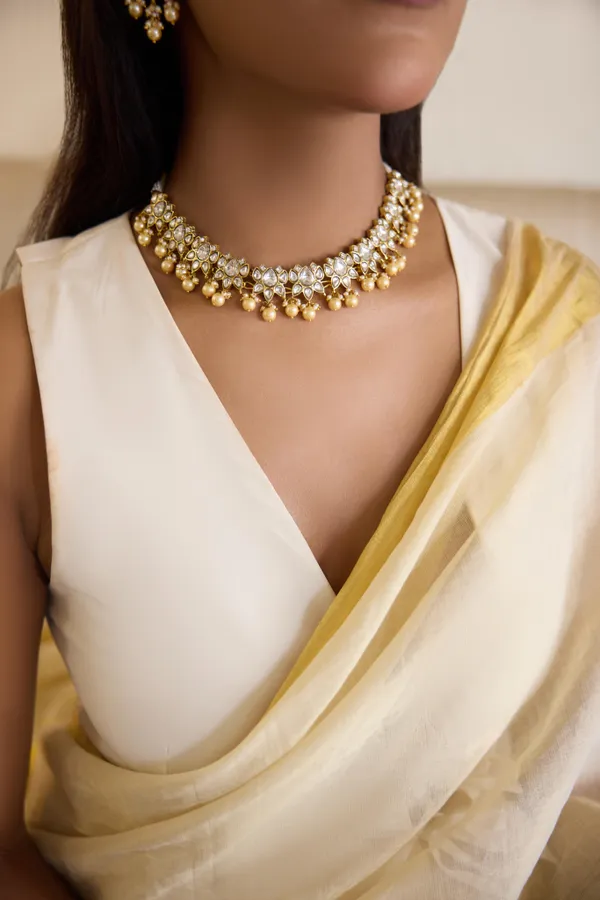 Gold & White Kundan Pearl Drop Necklace