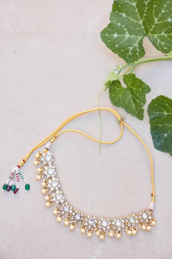 Gold & White Kundan Pearl Drop Necklace