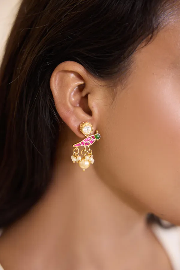 Red & Green Kundan Bird Earrings