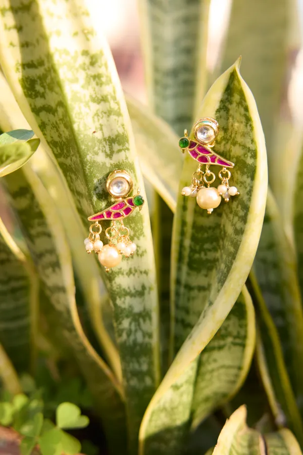 Red & Green Kundan Bird Earrings