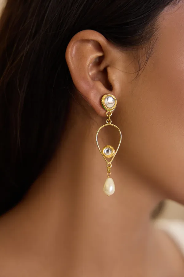 Golden Kundan Pearl Dangler Earrings