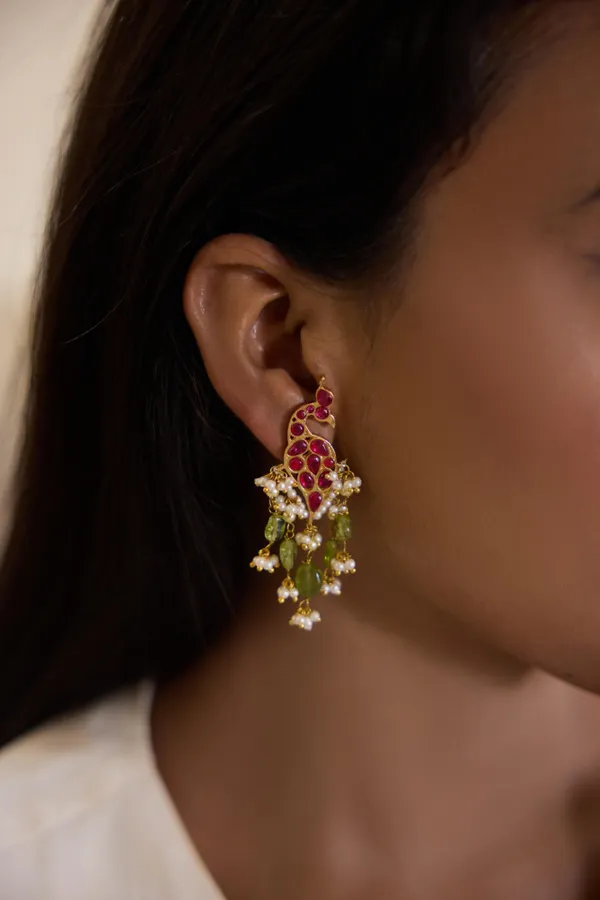 Ethnic Red Kundan Peridot Stone Earrings