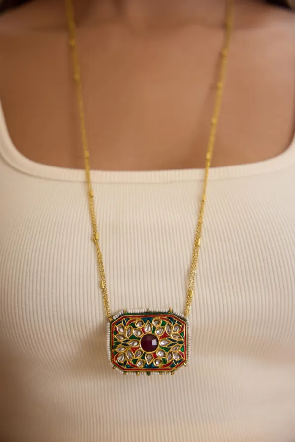 Green & Red Meenakari With Pearls Pendant Necklace