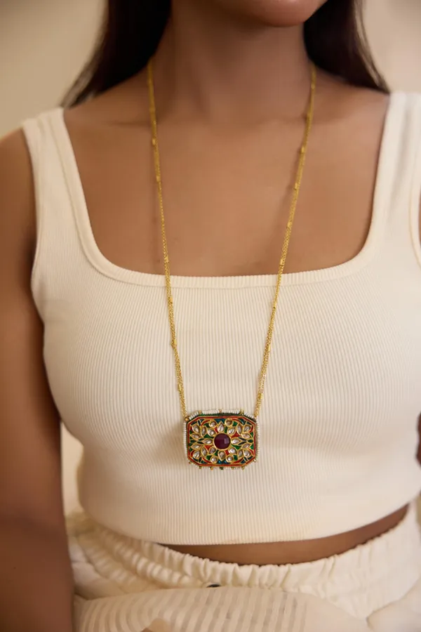 Green & Red Meenakari With Pearls Pendant Necklace