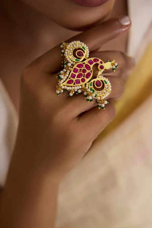 Red & Green Kundan Ethnic Ring