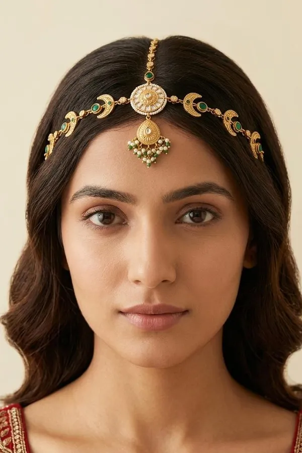 Antique Gold & White Green Kundan Mathapatti