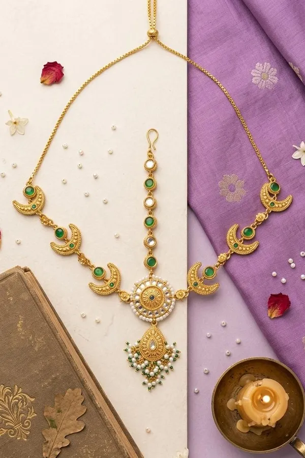 Antique Gold & White Green Kundan Mathapatti