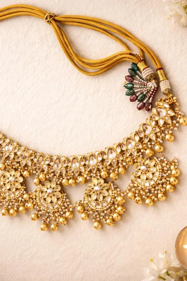 Gold & White Kundan Lotus Chand Necklace