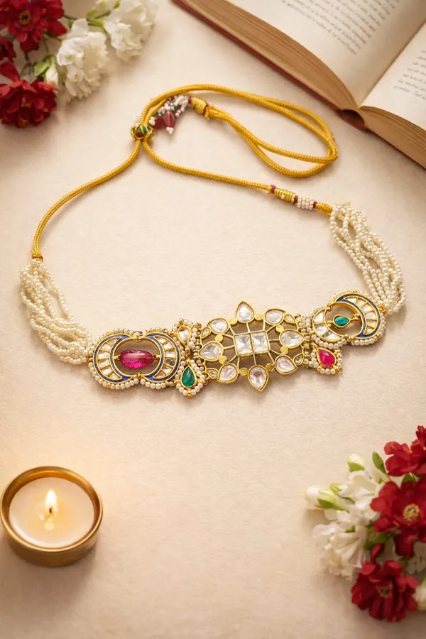 Red & Green Kundan Blue Meena Chand Tourmaline Stone Choker Necklace